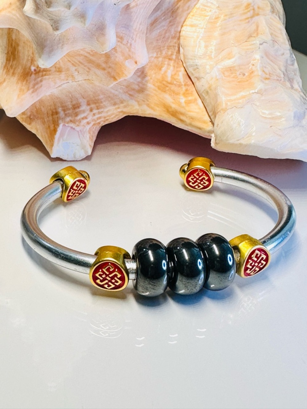 Hematite Bead Open Cuff Bracelet with Gold & Red Accents